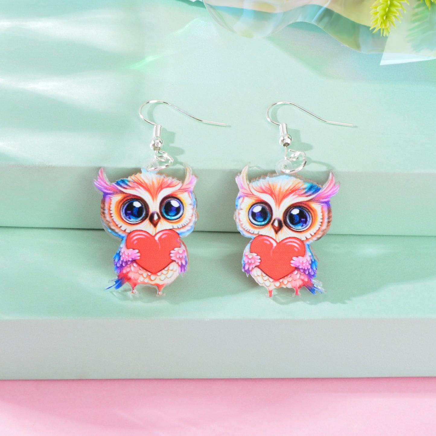 Lovely Animal Colorful Acrylic Heart Owl Dangle Earrings for Women Party Holiday Jewelry