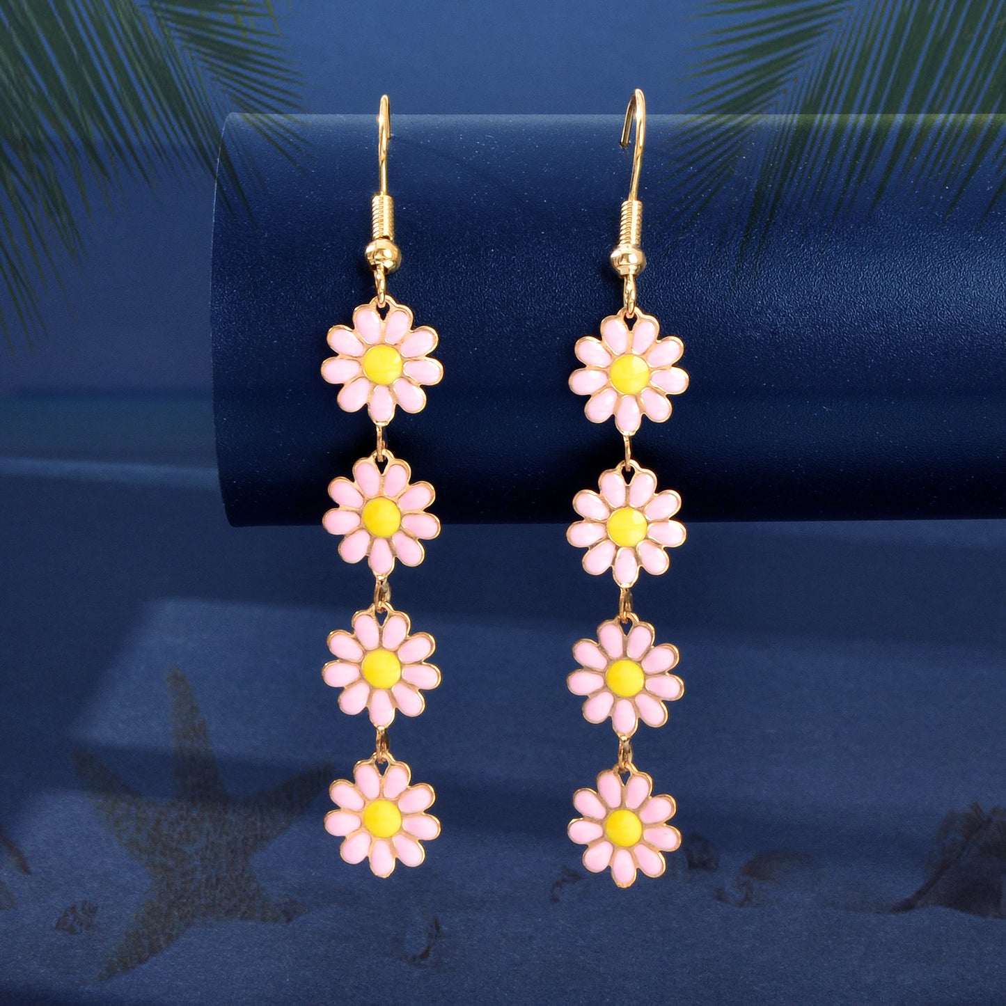 Sweet Pink Flower Long Pendant Dangle Earrings Women Daily Festival Jewelry Gift