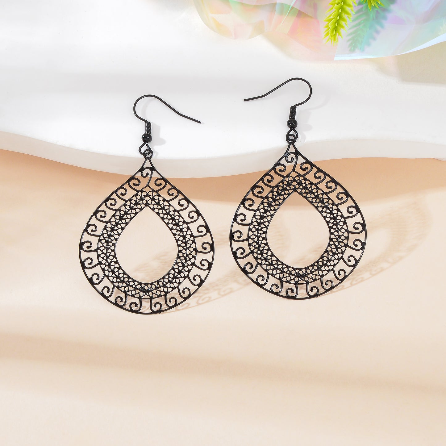 Elegant Black Hollow Geometric Water Drop Earrings Party Daily Holiday Jewelry