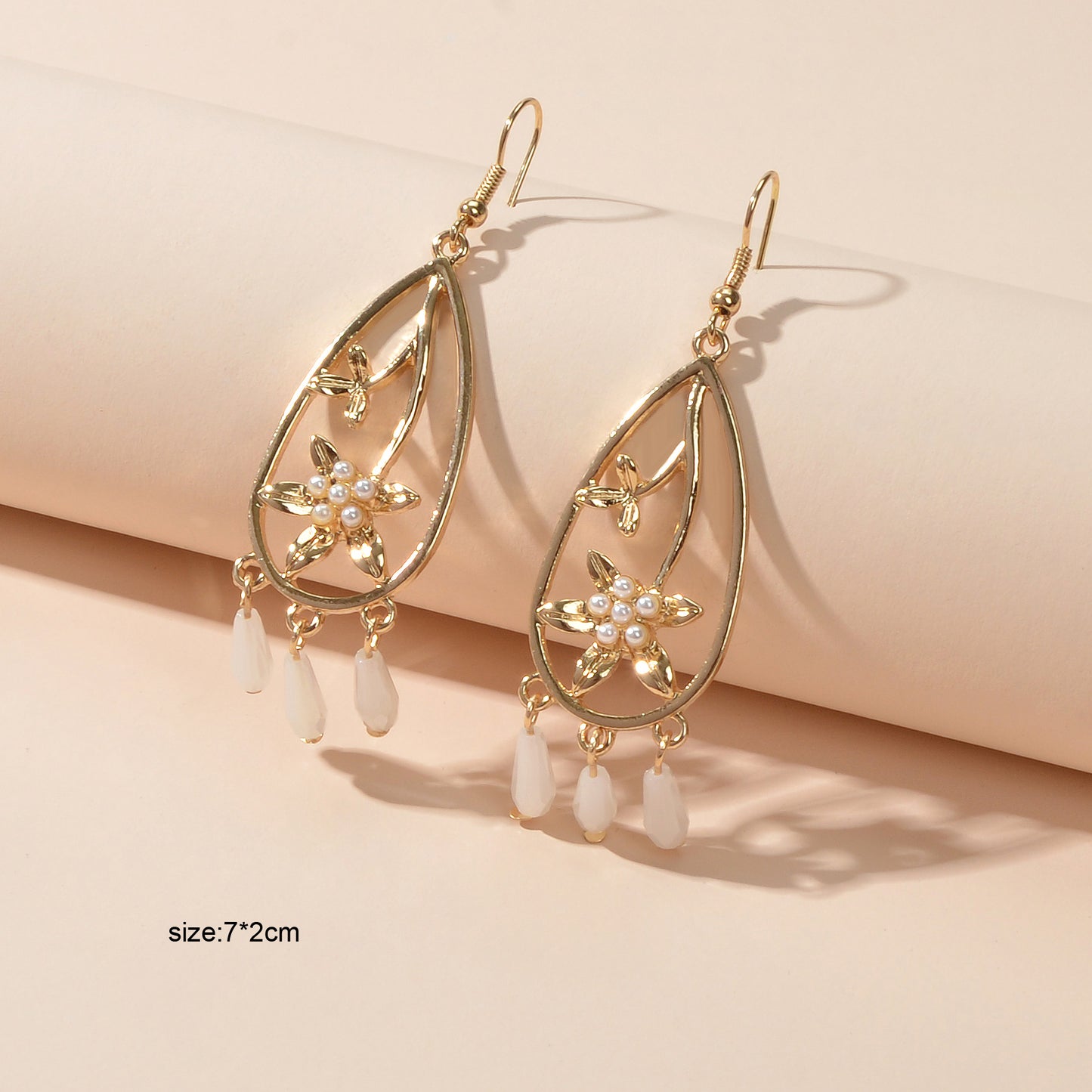 Courtly Style Pearl Flower Beads Charm Hollow Water Drop Dangle Hook Earrings