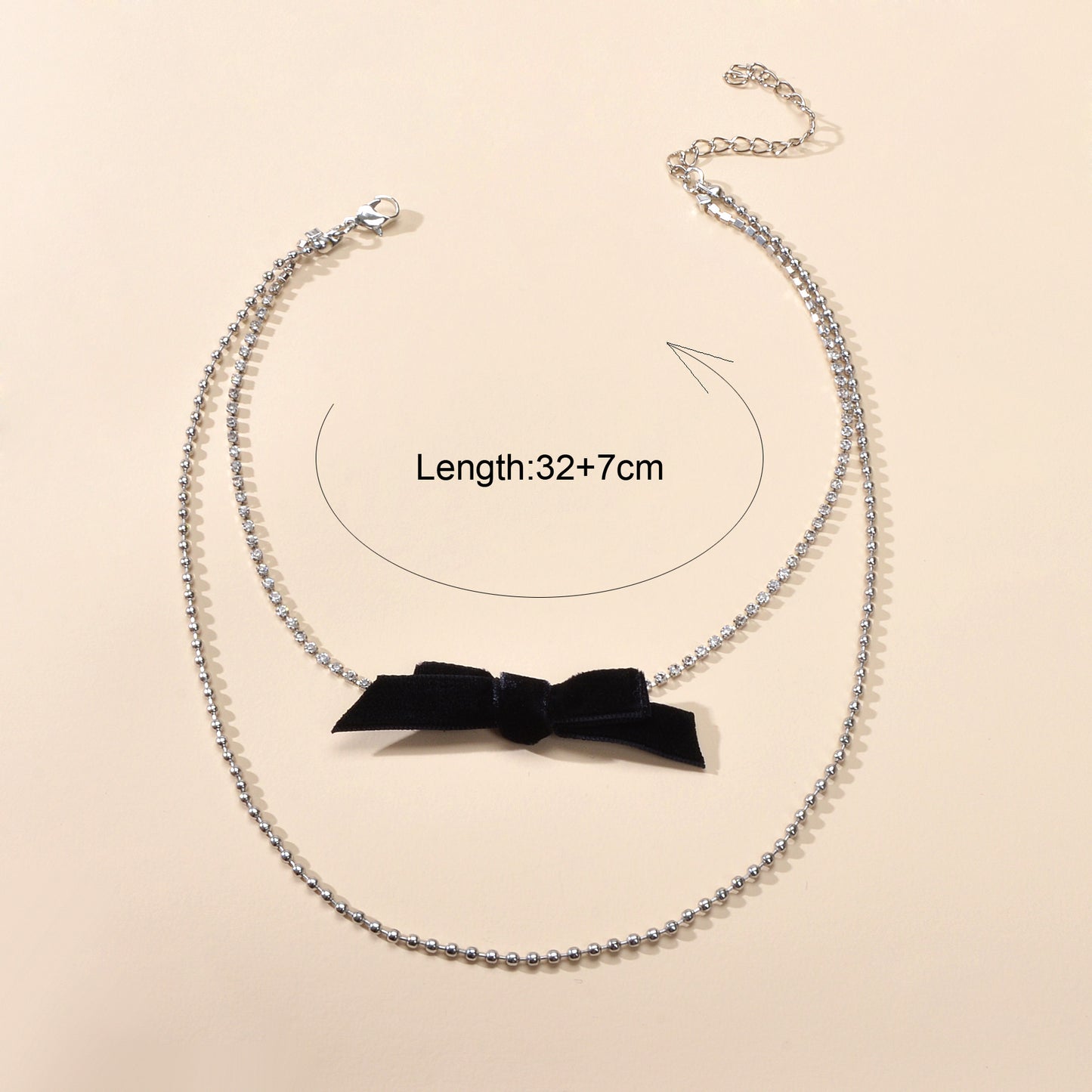 Retro Rhinestone Double layer Popcorn Silver Chain Black Velvet Bowknot Necklace