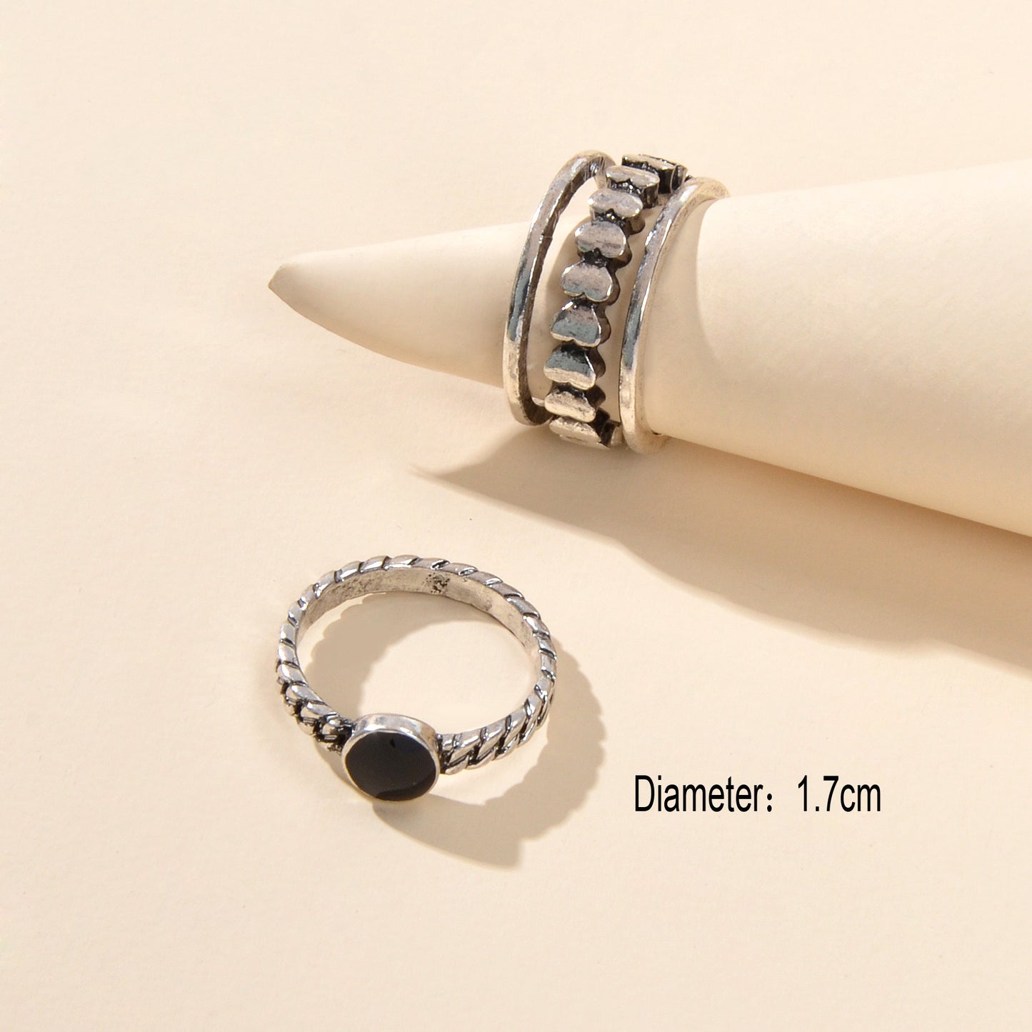 2pcs Oxidized Intricate Antique Silver Black Heart Stackable Multiple Ring Set