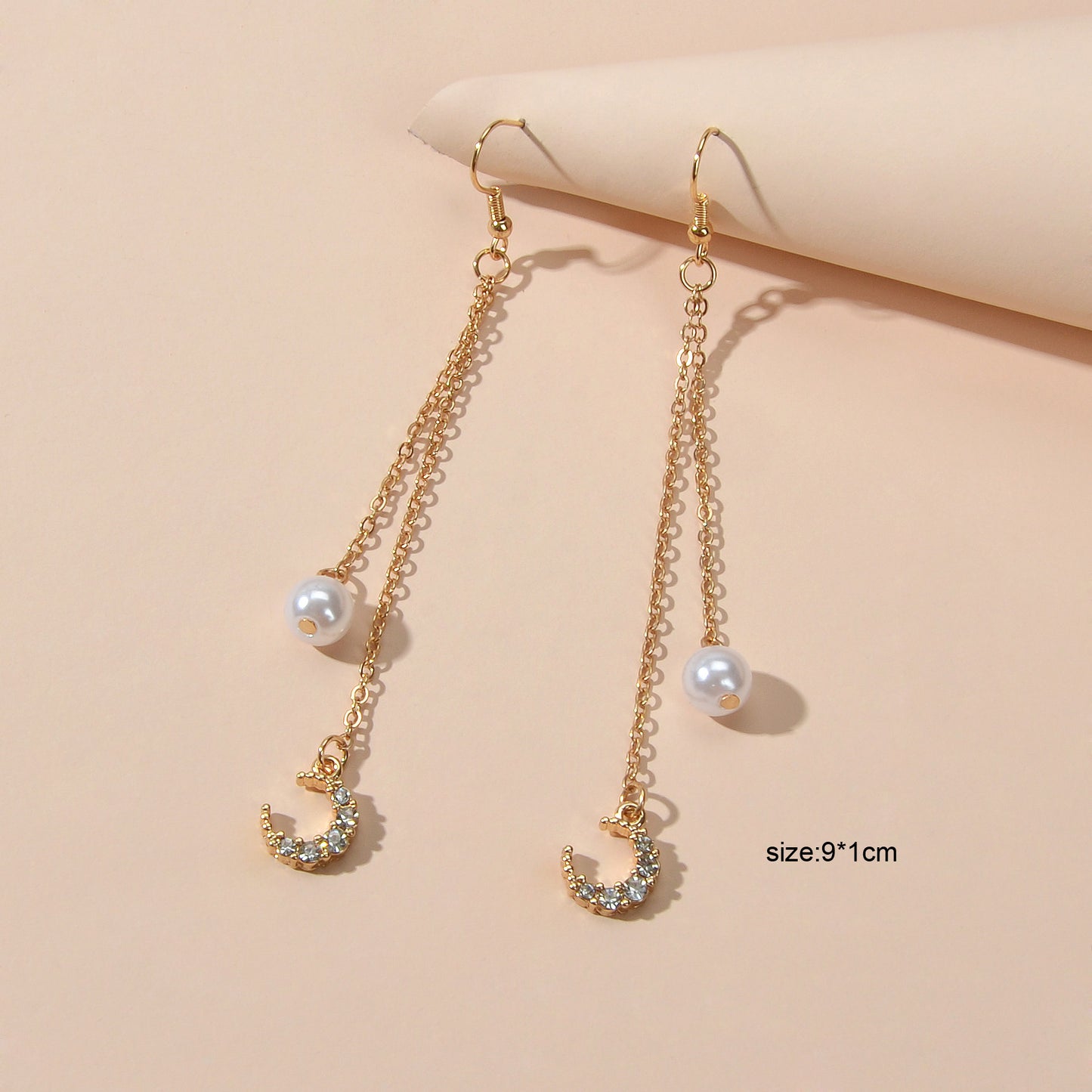 Dangling Elements Pearl Charm Gold Silver Long Chain Rhinestone Moon Earrings