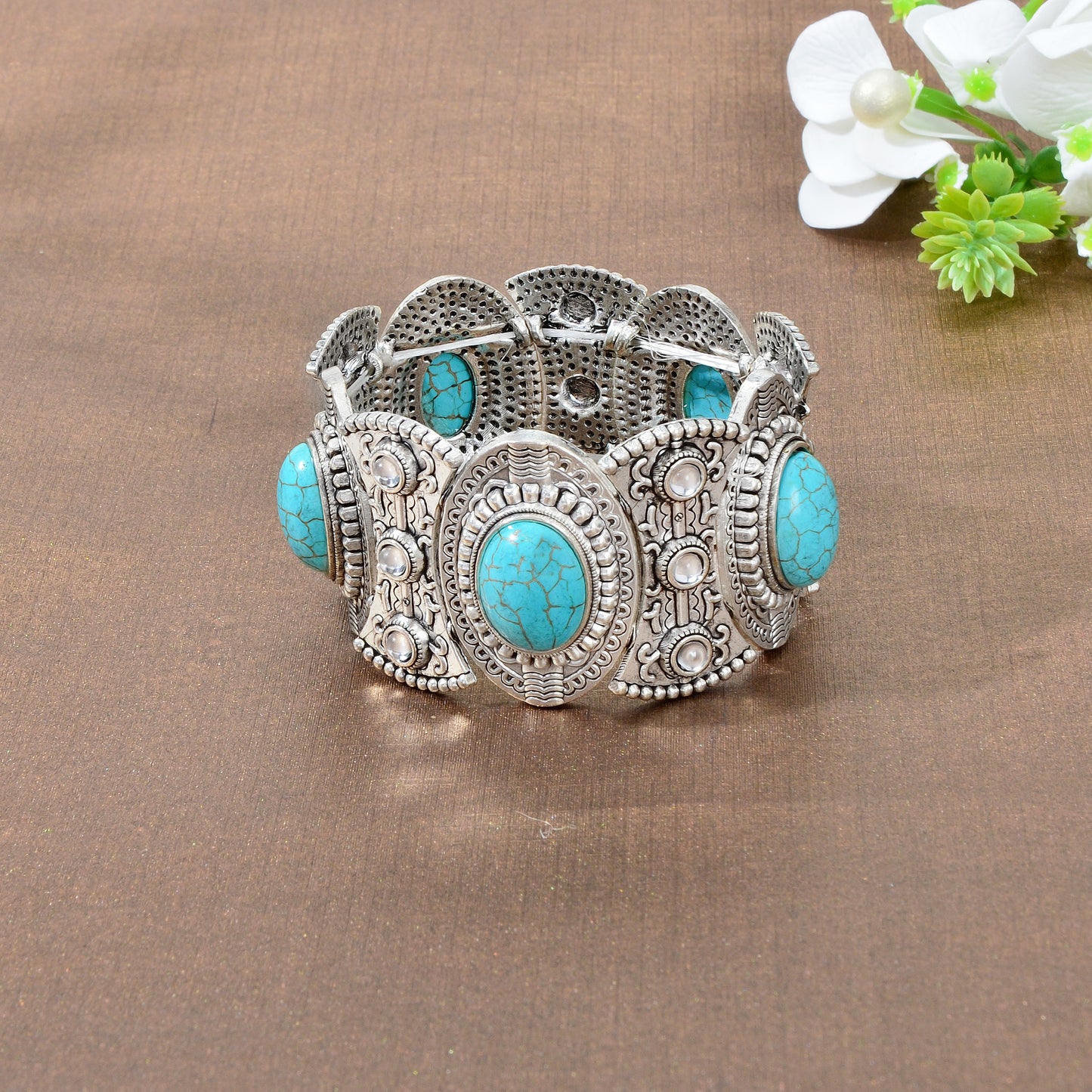 Turquoise Decor Carved Antique Silver Wide Chunky Bohemia Elastic Bangle