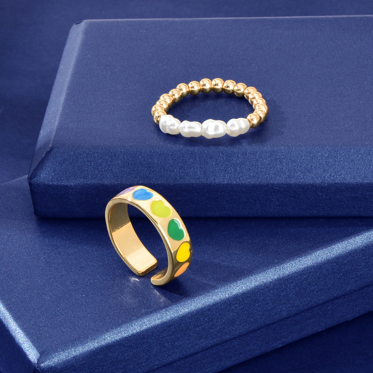 2 pcs Pearl Decor Elastic Ring Colorful Love Heart Enamel Finger Rings Jewellery