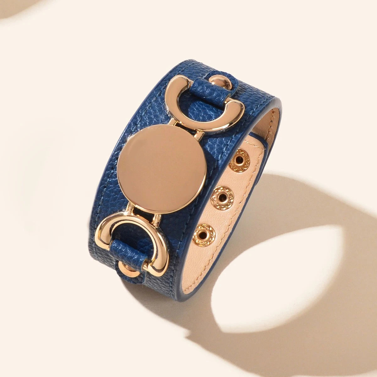Casual Men's Jewellery Blue PU Leather Gold Metal Buckle Wide Wristband Bracelet