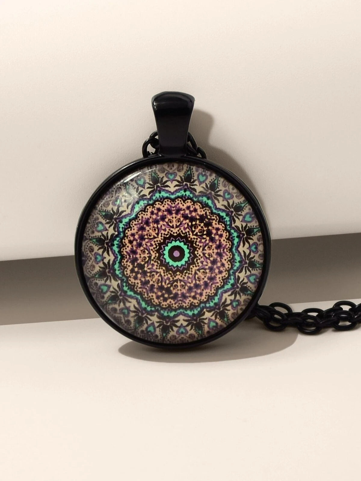 Retro Jewellery Ethnic Black Chain Geometric Mandala Round Pendant Boho Necklace