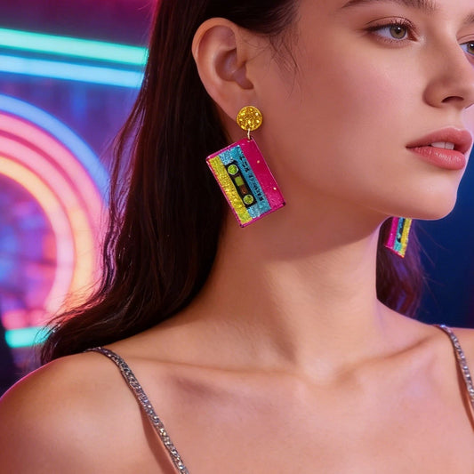 1 pair Funky Party Jewelry Colorful Acrylic Sequin Decor Tape Dangle Earrings Music Festival Accessories