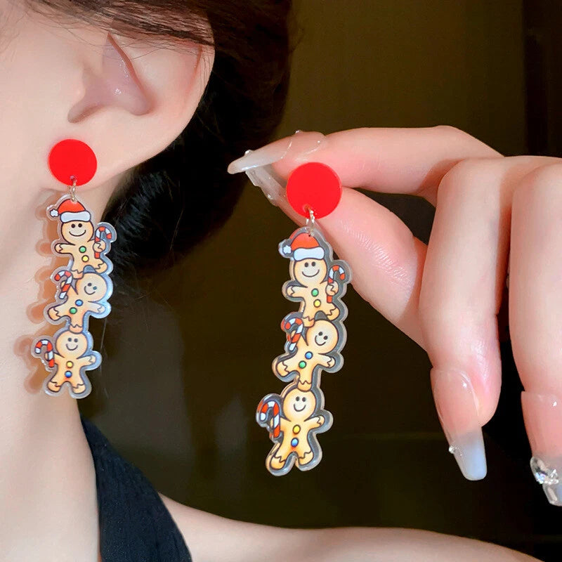 Christmas Cartoon Design Acrylic Gingerbread Man Long Pendant Festival Earrings