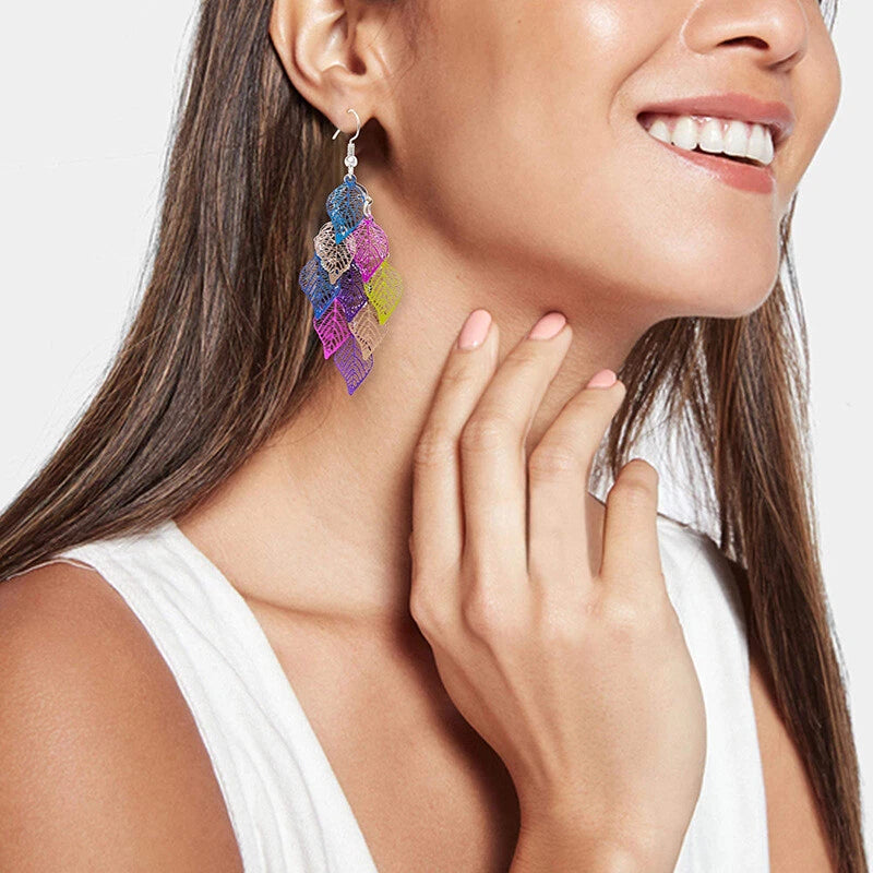 AU Local Bohemian Colorful Hollow Layered Leaf Stacks Hook Drop Dangle Earrings