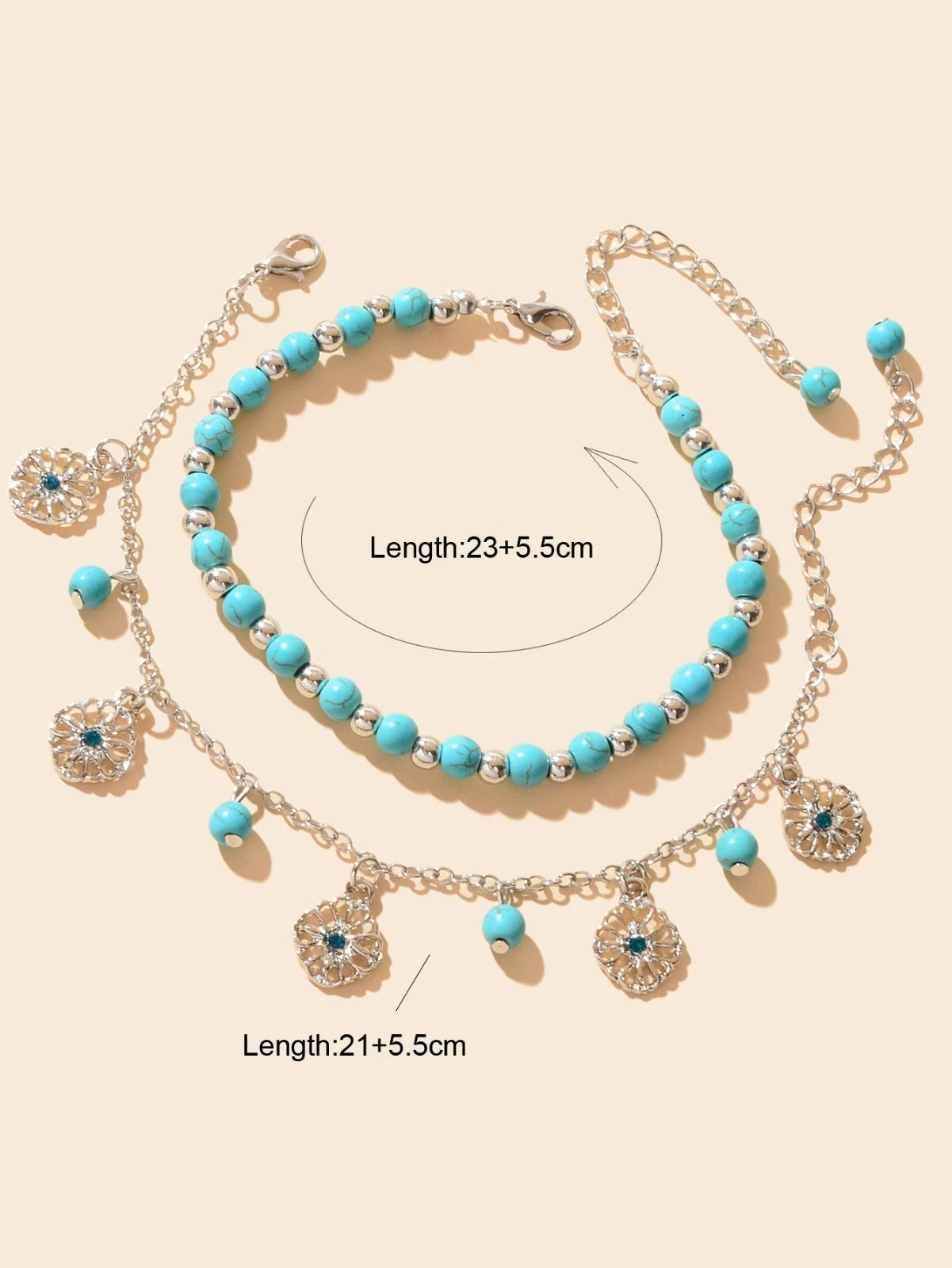 2pcs Handmade Turquoise Beads Anklets Boho Round Charm Bracelets Foot Anklet Set