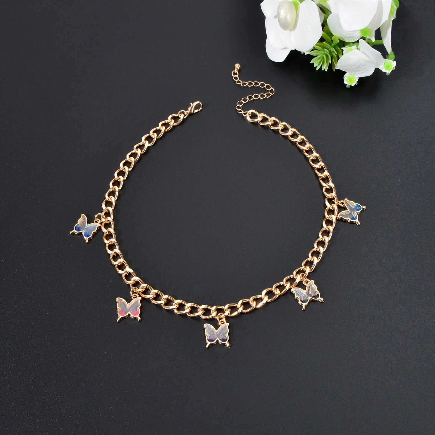 Hip Hop Colorful Enamel Bling Butterfly Charm Necklace Clavicle Chain Choker