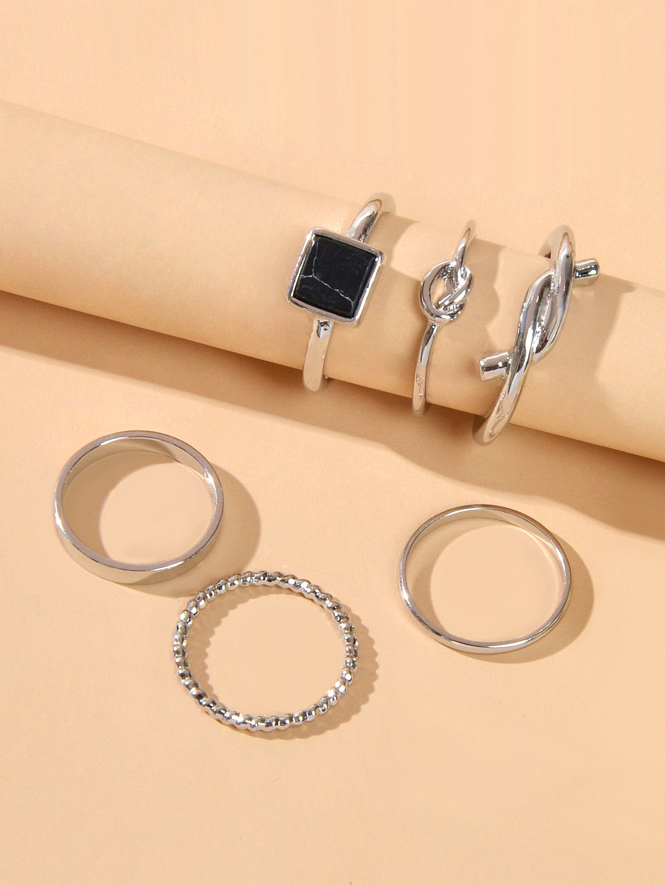 6 pcs Fashion Jewellery Black Stone Decor Gold Silver Midi Finger Knuckle Rings