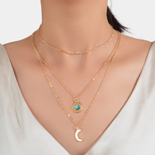 Gold Silver Multi-layer Chain Round Turquoise Moon Pendant Necklace Party Collar