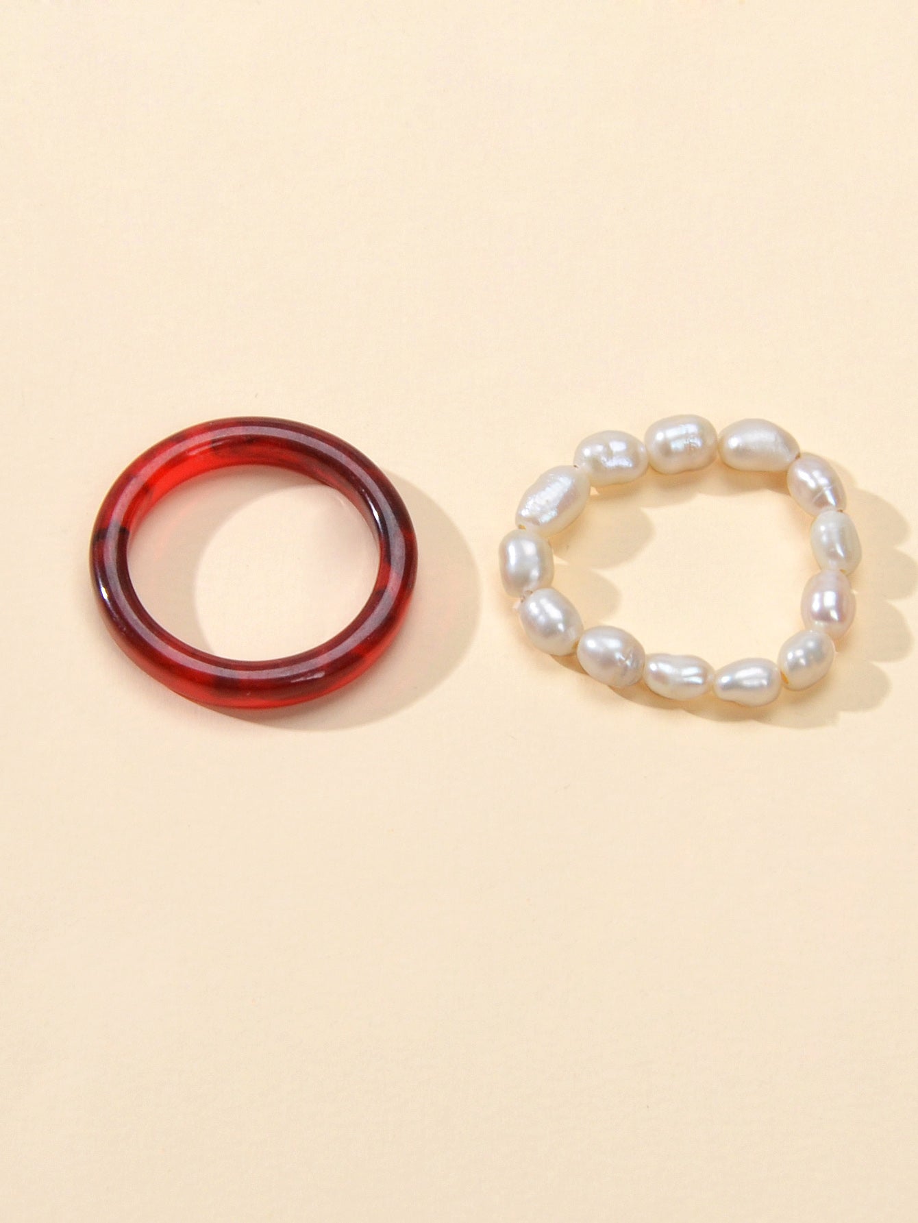 2pcs Pearl Elastic Retro Green Red Acrylic Ring