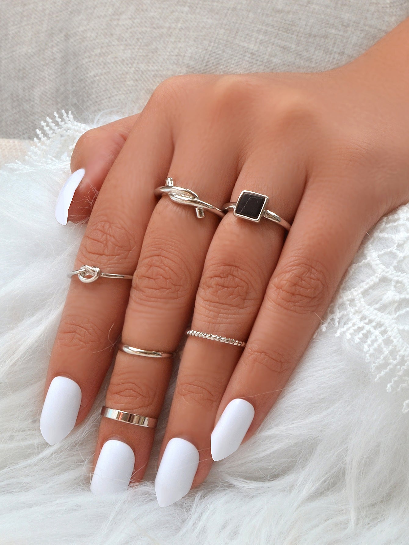 6 pcs Fashion Jewellery Black Stone Decor Gold Silver Midi Finger Knuckle Rings