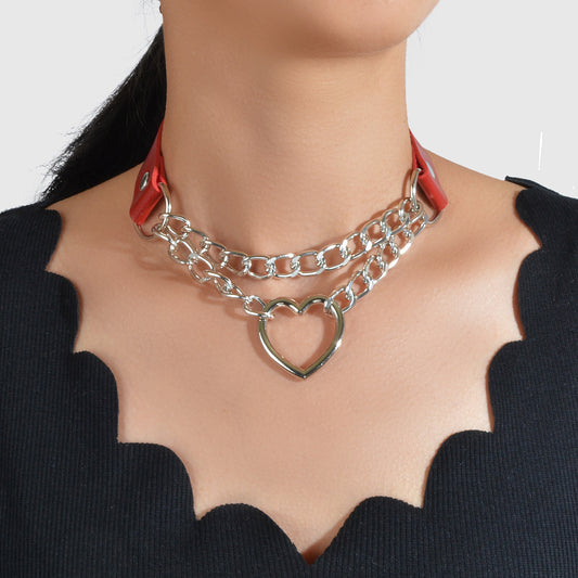Double Layer Chunky Silver Chain Heart Charm Sexy Leather Choker Grunge Collar