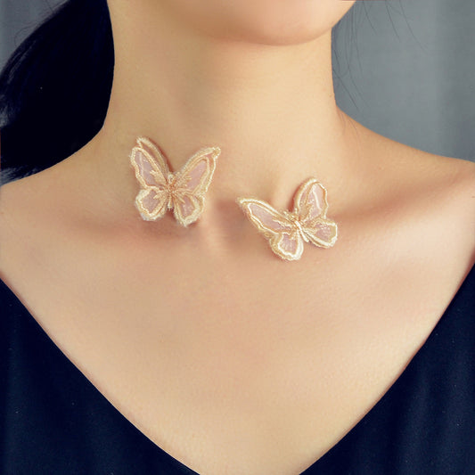 Double Layer Transparent Cord Lace Butterfly Choker Necklace Women Collar Gift
