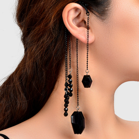 1pc Punk Rock Black Long Chain Tassel Beads Drop Earrings Ear Cuff Ear Climber