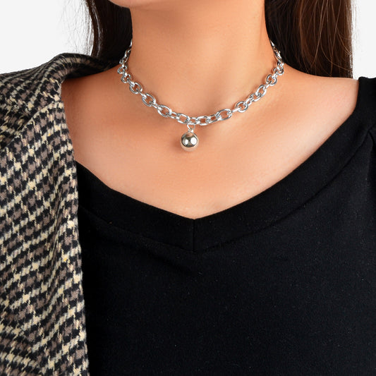 Silver Colour Chunky Chain Round Charm Necklace Grunge Women Clavicle Jewellery