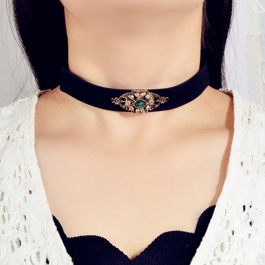 90s Retro Antique Gold Flower Black Velvet Tattoos Choker Necklace Gothic Collar
