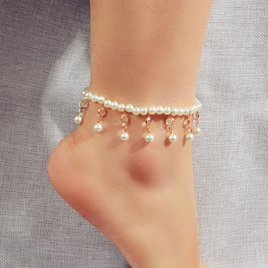 Feelontop Handmade Elastic Pearl Bead Anklet Barefoot Sandal Beach Bling Jewelry