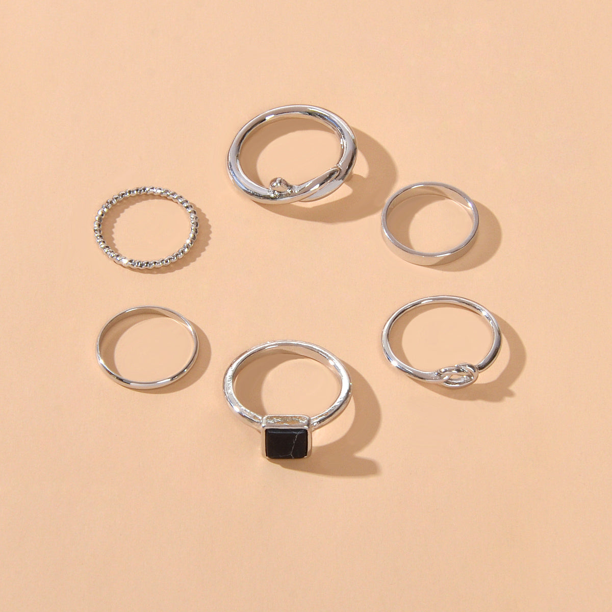 6 pcs Fashion Jewellery Black Stone Decor Gold Silver Midi Finger Knuckle Rings