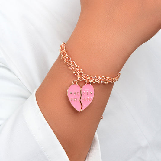 2pcs Rosegold Chain Black Pink Enamel Love Heart Charm Best Friends Bracelet