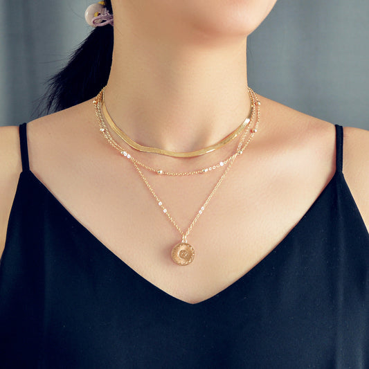 Boho Chic Jewelry Gold Silver Metal Multi-layer Chain Coin Disc Pendant Necklace