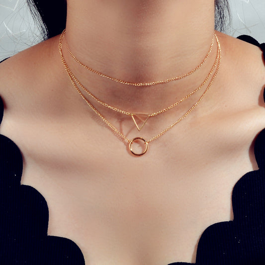 3 pcs Muti-layered Gold Silver Chain Circle Triangle Pendant Necklace Teens Gift