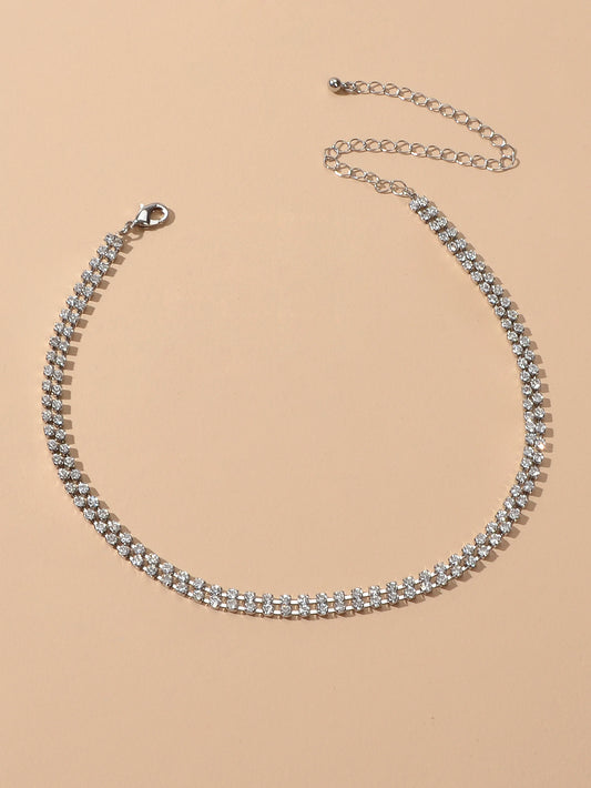 Shining Luxury Silver Full Rhinestone Double layer Chain Short Choker Necklace
