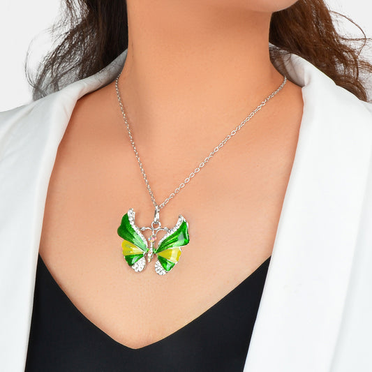 Boho Chic Silver Chain Rhinestone Blue Green Insect Butterfly Pendant Necklace