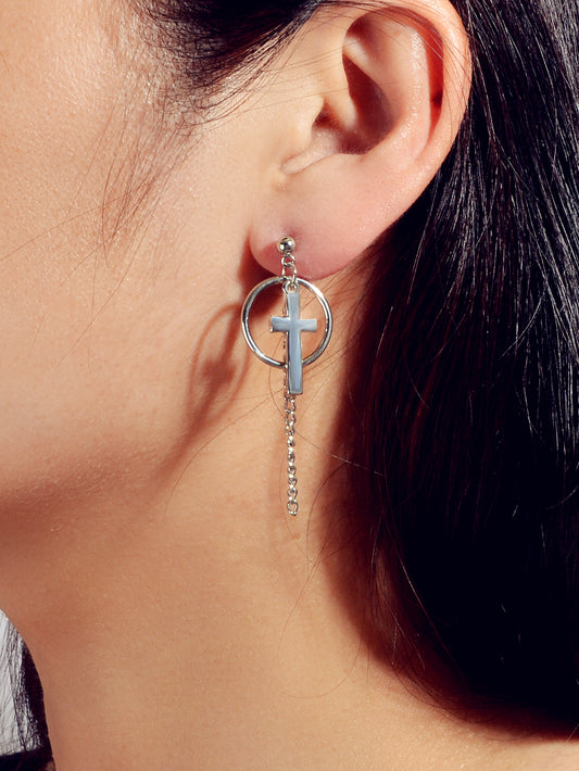 Hip Hop Punk Goth Style Silver Circle Chain Cross Dangle Earrings Female Jewelry
