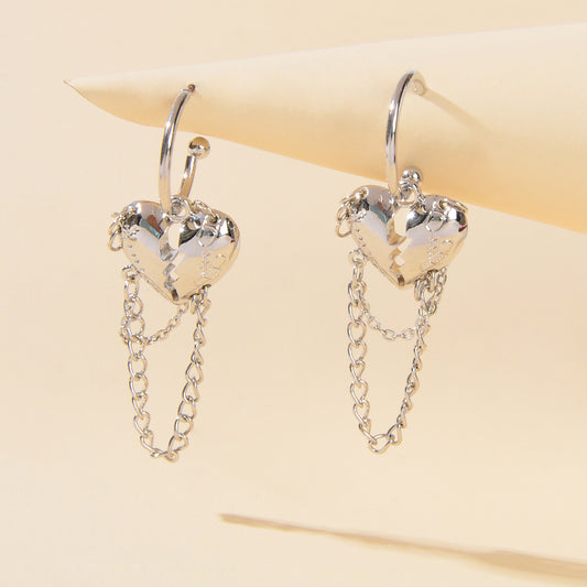 Punk Statement Silver Layered Chain Heart Charm Designer Jewellery Hoop Earrings