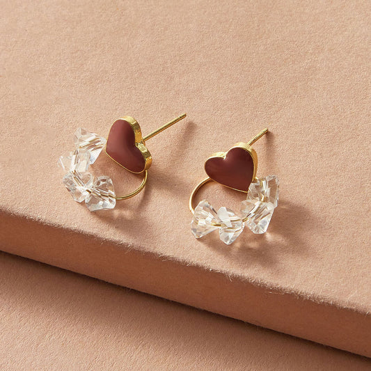 Trendy Ladies Jewellery Transparent Beads Gold Circle Red Heart Stud Earrings