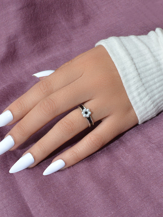 Retro Textured Jewellery Band Black Enamel Pearl Flower Open Cuff Finger Ring