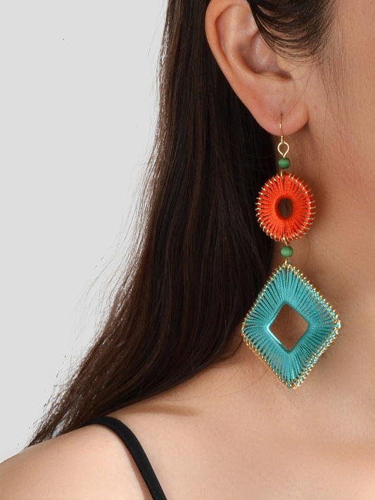 Boho Tribal Ethnic Red Blue Handmade Rope Braided Geometric Traditional Earrings