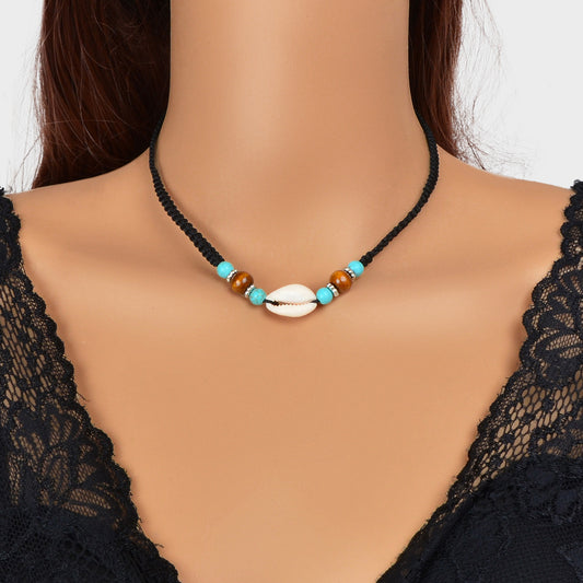 Ethnic Black Rope Handmade Turquoise Beads Shell Collar Necklace African Jewelry