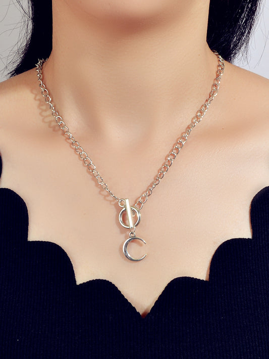 Punk Silver Chain Circle Bar Moon Pendant Necklace Party Decoration for Women