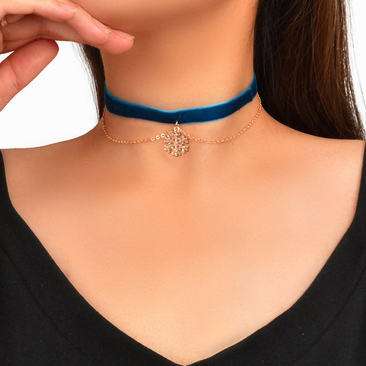 Retro Royal Blue Tattoo Velvet Choker Gold Chain Snowflake Charm Layer Necklace