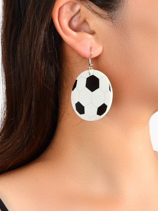 Unique Black White Leather Round Football Soccer Drop Statement Party Earrings