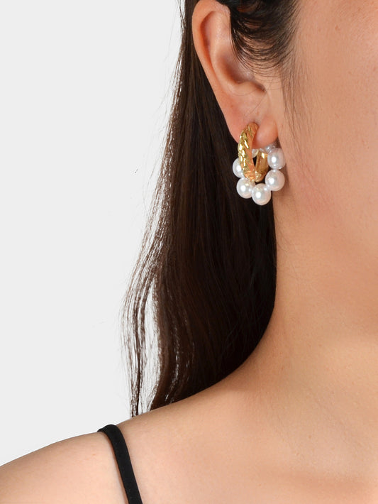 Wedding Engagement Gift Jewellery Gold Metal Pearl Hoop Stud Textured Earrings