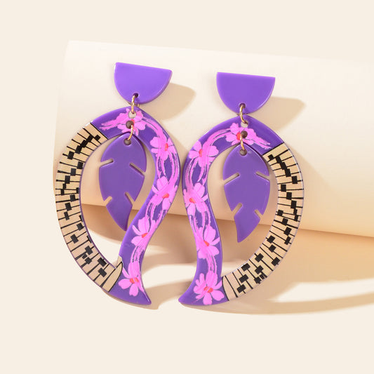 Purple Acrylic Feather Shape Earrings Statement Jewelry Party Costume Accessory