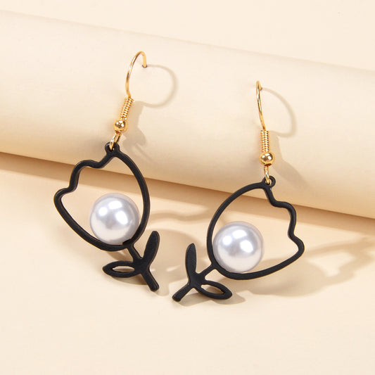 Retro Accessories Pearl Black Flower Dangle Earrings Nice Ladies Teens Jewellery