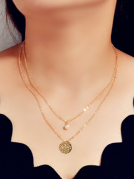 Female Layered Gold Chain Pearl Round Disc Pendant Necklace Party Accessories