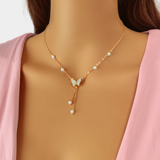 Personalized Gold Plated Dainty Buttefly Lariat Y-Shaped Necklace Pearl Jewelry
