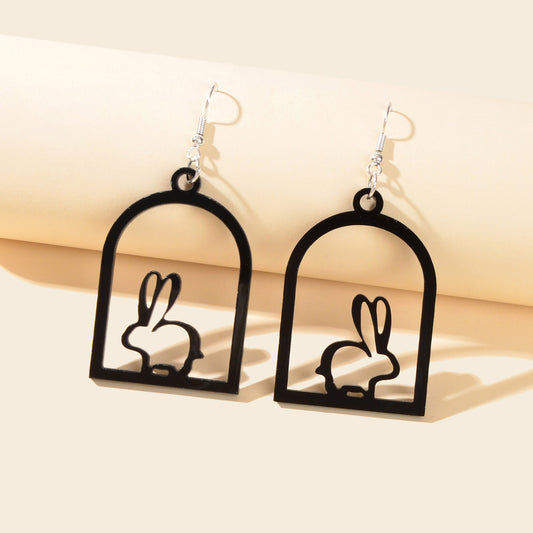 Black Acrylic Cage Easter Rabbit Bunny Dangle Earrings Funny Pet Jewellery Gift