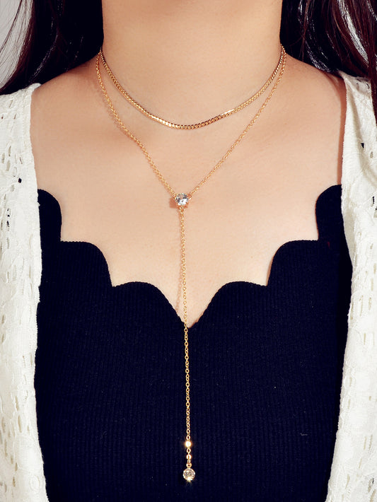 Double layer Rhinestone Decor Gold Silver Long Chain Necklace Y Shape Necklace