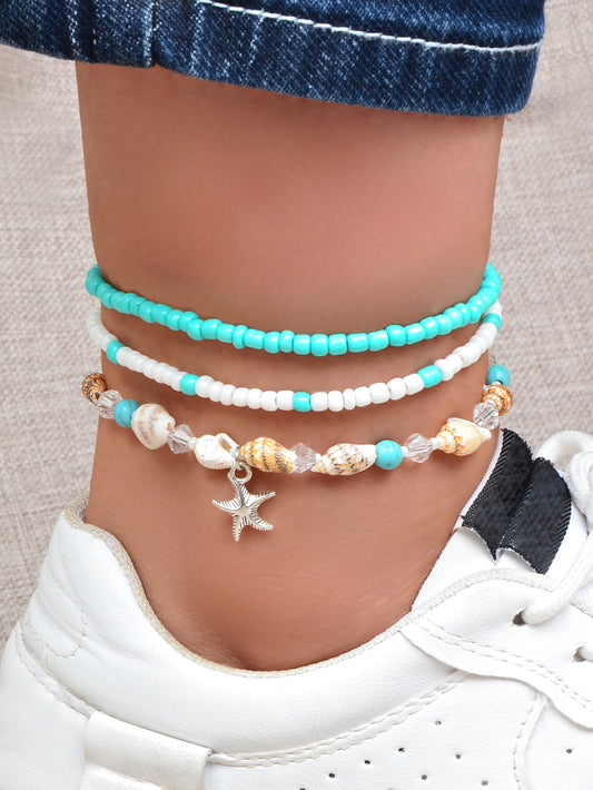 Bohemian Handmade Seed Beads Layered Shell Starfish Charm Anklets Set Holiday