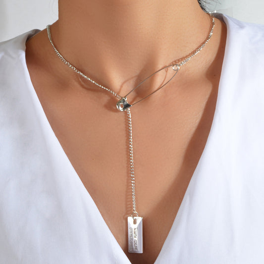 Punk Hip Hop Goth Style Gold Silver Chain Pin Square Pendant Y Lariat Necklace